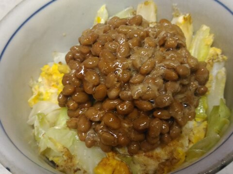 炒り卵とキャベツの納豆丼